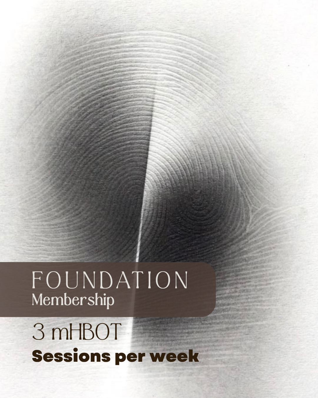 A promotional graphic for Foundation Membership at 3 mHBOT, featuring a grayscale fingerprint-like circular pattern on a light background with a dark brown banner containing white text.